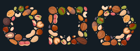 Nuts frames. Cartoon walnut, almond, pistachio and hazelnut frames of circle heart and square shapes...