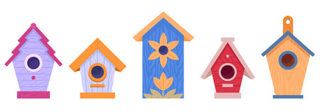 Colorful wooden birdhouses. Handcrafted birds nest, multicolor birdhouses flat vector illustration set. Cartoon bird feeders collectionのイラスト素材