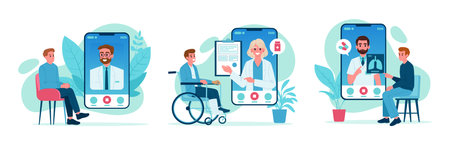 Doctors online consultation. Online medicine services, doctor appointment, test results and medicines prescriptions flat vector illustration set. Digital healthcare service conceptのイラスト素材