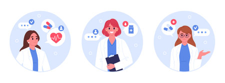 Female doctor characters. Doctors online clinic avatars, medical clinic professional workers presentation flat vector illustration set. Healthcare and medicine conceptのイラスト素材
