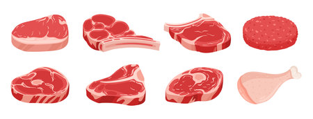 Raw meat products. Fresh beef steaks, burger patty and chicken leg, raw meat food flat vector illustration set. Butcher shop productsのイラスト素材