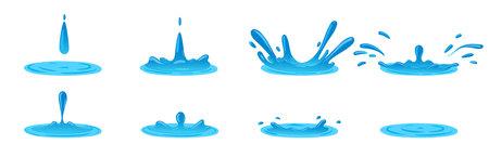 Water splash animation. Dripping water splatter animation, liquid water splashes flat vector illustration set. Cartoon dripping waterのイラスト素材