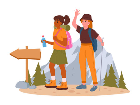 Women on hike. Female characters outdoor adventure, hiking active tourist girls, trekking and backpacking flat vector illustration. Ladies hiking on trailのイラスト素材