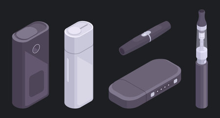 Isometric electronic cigarettes. Vape smoke accessories, digital vape pen and e-cigarette 3d vector illustration set. Vape cigarettesのイラスト素材