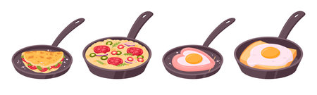Cooked eggs in pan. Fried, scrambled and stuffed eggs, chicken eggs tasty breakfast dishes flat...