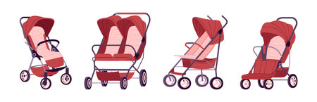 Cartoon baby strollers. Kids transport safety for outdoor walking, baby toddlers pushchairs and carriages flat vector illustration set. Baby wheeled strollersのイラスト素材