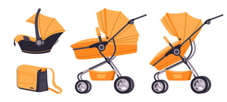 Cartoon baby stroller kit. Baby stroller transformer, comfortable and safety newborn carriage with car seat flat vector illustration set. Modular baby transportのイラスト素材