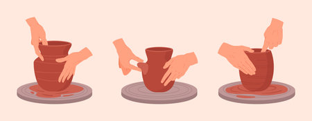 Potters hands making pots. Pottery workshop process, hands create earthenware on potters wheel flat vector illustration set. Ceramic studio potters modeling clay vasesのイラスト素材