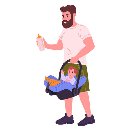 Dad holding newborn baby in carriage. Father with kid in baby car seat, male parent walking with little baby flat vector illustration. Cartoon parenting sceneのイラスト素材
