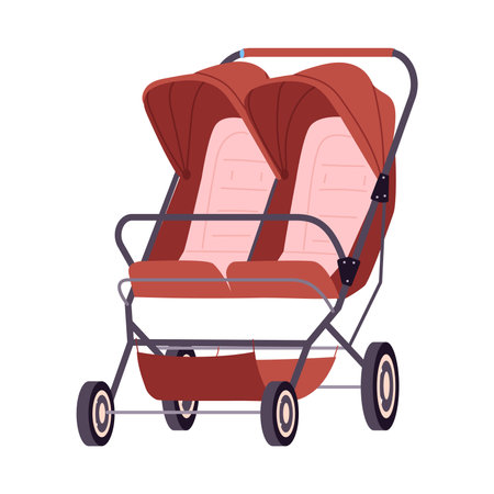Twins stroller. Cartoon baby double pushchair, twins toddlers safety transports for outdoor walking flat vector illustration. Baby wheeled pramsuit on whiteのイラスト素材