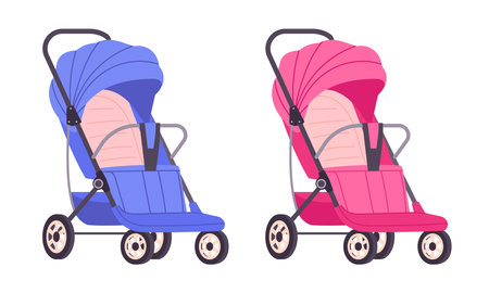 Baby blue and pink strollers. Cartoon newborn children pushchairs color for boy and girl flat vector illustration set. Pink and blue strollers for baby boy and girlのイラスト素材