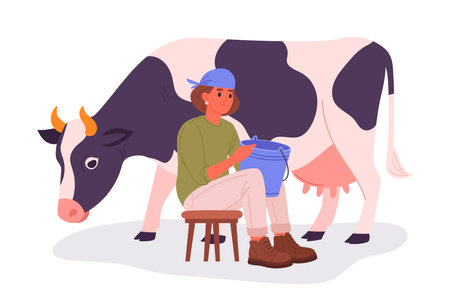 Female dairy farmer. Country milker with cute cow and bucket with fresh milk, female character doing farming job flat vector illustration. Woman take care of domestic animalのイラスト素材