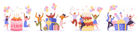 Holiday celebration. People celebrating birthday party, characters dancing around birthday cake and gifts flat vector illustration set. Holidays, festivals and party scenesのイラスト素材