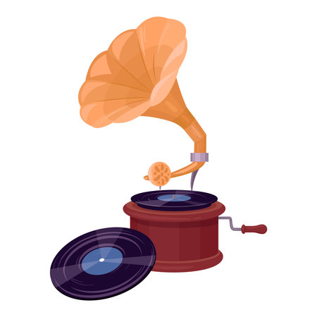 Retro music gramophone. Nostalgic device for listening music, antique gramophone player flat vector illustration. Vintage gramophone on whiteのイラスト素材