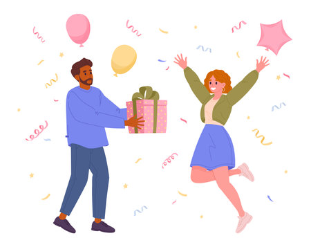 Birthday gift giving. Man gives gift box to happy woman, festive mood, celebrating birthday party flat vector illustration. Couple with present boxのイラスト素材