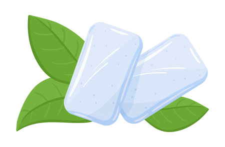 Cartoon mint gum. Bubblegum pads with mint leaves, breath freshener chewing dragees flat vector illustration. Mint gum on whiteのイラスト素材