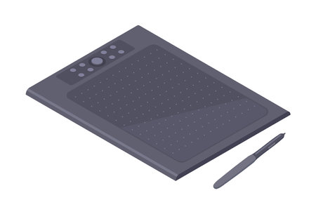 Isometric drawing tablet. Modern artist portable device with stylus, isometric pen tablet 3d vector illustration. Personal artistic gadgetのイラスト素材