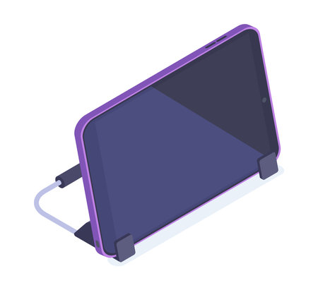 Isometric tablet. Modern technology portable device on stand, isometric digital tablet 3d vector illustration. Personal hand touching accessoryのイラスト素材