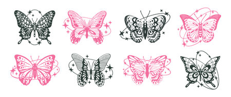 Cartoon y2k butterflies. Abstract y2k aesthetic flying insects, tropical butterflies with oval shapes with stars and sparkles decor flat vector illustration set. Trendy butterflies collectionのイラスト素材