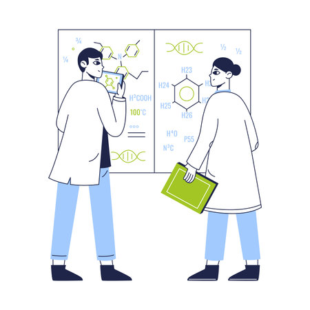 Chemistry lab workers. Biotechnology lab scientists, medical laboratory development and research flat vector illustration. Chemical scientific sceneのイラスト素材