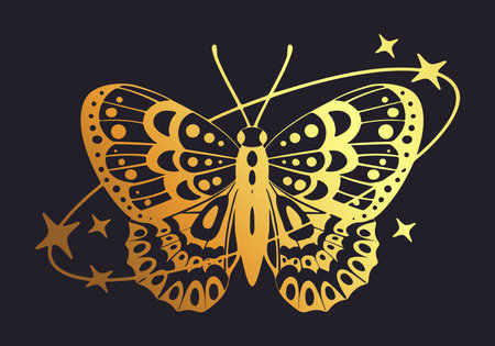 Abstract gold y2k butterfly. Golden y2k aesthetic flying insect, shiny butterfly silhouettes with oval shapes, stars and sparkles decor flat vector illustration. Cartoon butterfly emblemのイラスト素材
