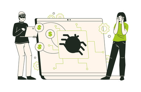 Online cyber crime. Cyber hacker attack, internet scam phishing, personal data protection and computer security flat vector illustration. Internet fraud sceneのイラスト素材