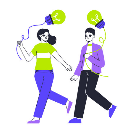 Couple with good ideas. Light bulb idea metaphor, characters find and nurture brilliant ideas flat vector illustration. People with light bulbsのイラスト素材