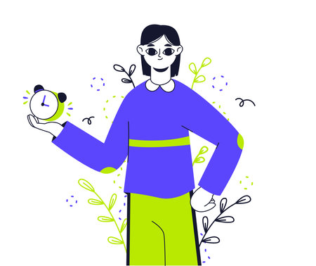 Woman work schedule planning. Business woman planning productive work schedule flat vector illustration. Work schedule organizingのイラスト素材