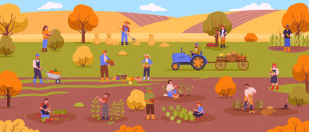 Farmland harvesting. Rural agriculture workers picking harvest and making hay, agriculture fall harvest flat vector background illustration. People work on farmのイラスト素材