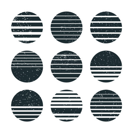 Retro abstract emblems. Circle silhouette badges, grunge tabby labels, round striped elements flat vector illustration set. Grunge texture stampsのイラスト素材