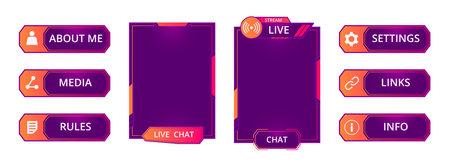 Gamers stream interface buttons. Game streaming screen frames, mmo game menu, modern gamers stream icons flat vector illustration set. Garish frames and barsのイラスト素材