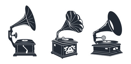 Antique gramophone player silhouettes. Retro gramophone for listening music, nostalgic music devices flat vector illustration set. Vintage gramophones silhouette collectionのイラスト素材