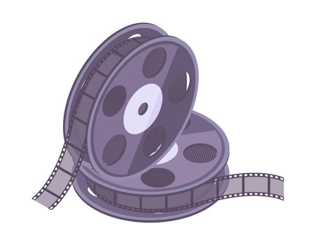 Isometric cinema film. Movie theater video camera tape, negative film strip 3d vector illustration. Cinema film on whiteのイラスト素材