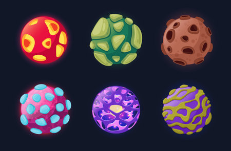 Fantastic galaxy planets. Cartoon space bodies, fantasy universe planets flat vector illustration set. Fantastic space elementsのイラスト素材
