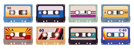Retro audio cassettes. Cartoon 80s stereo tape cassettes, vintage tape records, 90s music audio cassette flat vector illustration set. Old school analogue tapesのイラスト素材