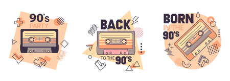 Old school tape stickers. Retro 90s music audio cassette badges, pop culture song tapes flat vector illustration set. Cartoon music audio cassette designのイラスト素材