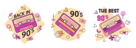 Retro cassette stickers. Cartoon 90s music audio tape badges, pop culture song tape design flat vector illustration set. Old school music audio cassette labelsのイラスト素材