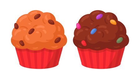 Cartoon cupcakes. Sweet pastry vanilla and chocolate muffins, delicious dessert with chocolate chip flat vector illustration. Tasty cupcakes on whiteのイラスト素材
