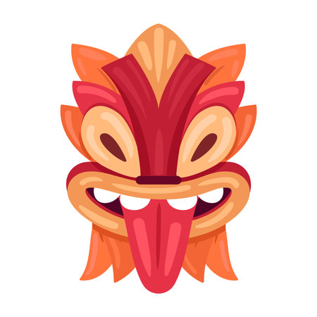 Ceremonial tiki totem mask. Wooden tiki african or Hawaiian mask, ethnic ritual idol flat vector illustration. Cartoon tribal ritual mask on whiteのイラスト素材