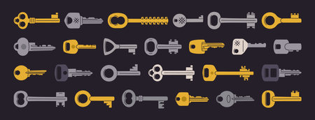 Vintage door keys. House, apartment or mailbox keys, hand drawn retro keys flat vector illustration set. Cartoon old school keys iconsのイラスト素材