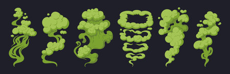 Bad smell clouds. Toxic green dust clouds, smoking stink, cooking smell or toxic fumes flat vector illustration set. Cartoon rotten smell cloudsのイラスト素材