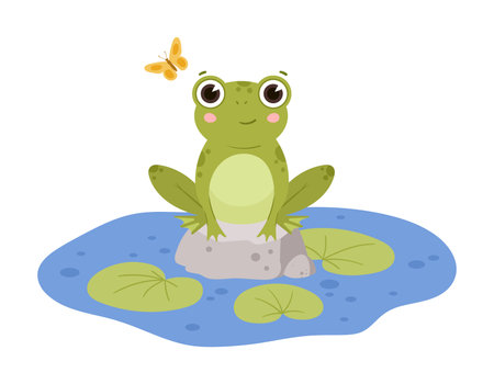 Frog sitting in pond. Cartoon amphibia on rock, green toad in natural habitat, cute froggy water animal flat vector illustration. Green frog characterのイラスト素材
