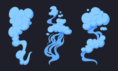 Stream clouds. Comic book blue puff clouds, smoke streaming cloud, dust smoke flat vector illustration set. Cartoon dust cloudsのイラスト素材