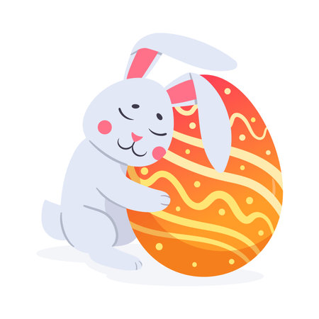 Cute rabbit hugging Easter egg. Bunny with colored Easter egg flat vector illustration. Cartoon spring holiday easter bunnyのイラスト素材