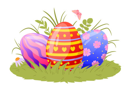 Easter painted eggs on grass lawn. Cartoon spring holiday eggs, happy Easter colorful decorative eggs flat vector illustration. Traditional painted eggsのイラスト素材