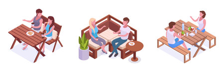 People eating outdoor. Isometric characters spending time on backyard, summerhouse garden furniture and chilling people 3d vector illustration set. Relaxing charactersのイラスト素材