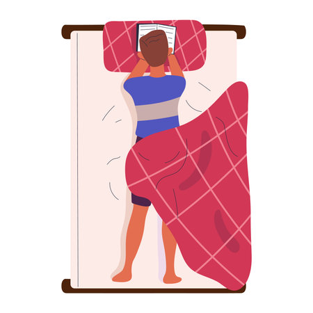Man reading in bed. Young guy reading book lying in bed top view, resting man with book flat vector illustration. Cozy reading personのイラスト素材