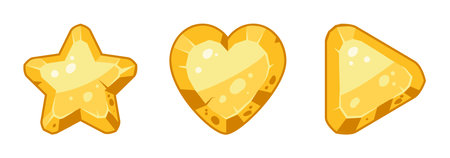 Golden game buttons. Cartoon gold stone frames and buttons, gravel rock gambling plates, golden rock stones signs flat vector illustration set. Stone buttons on whiteのイラスト素材