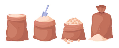 Sugarcane product bags. Granulated sugar textile sackcloth bags, agriculture sweet sugar package flat vector illustration set. Cartoon sugarcane production bagsのイラスト素材