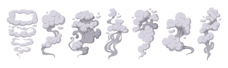 Dust clouds. Smoke puff stream clouds, steaming cloud flows silhouettes flat vector illustrations...